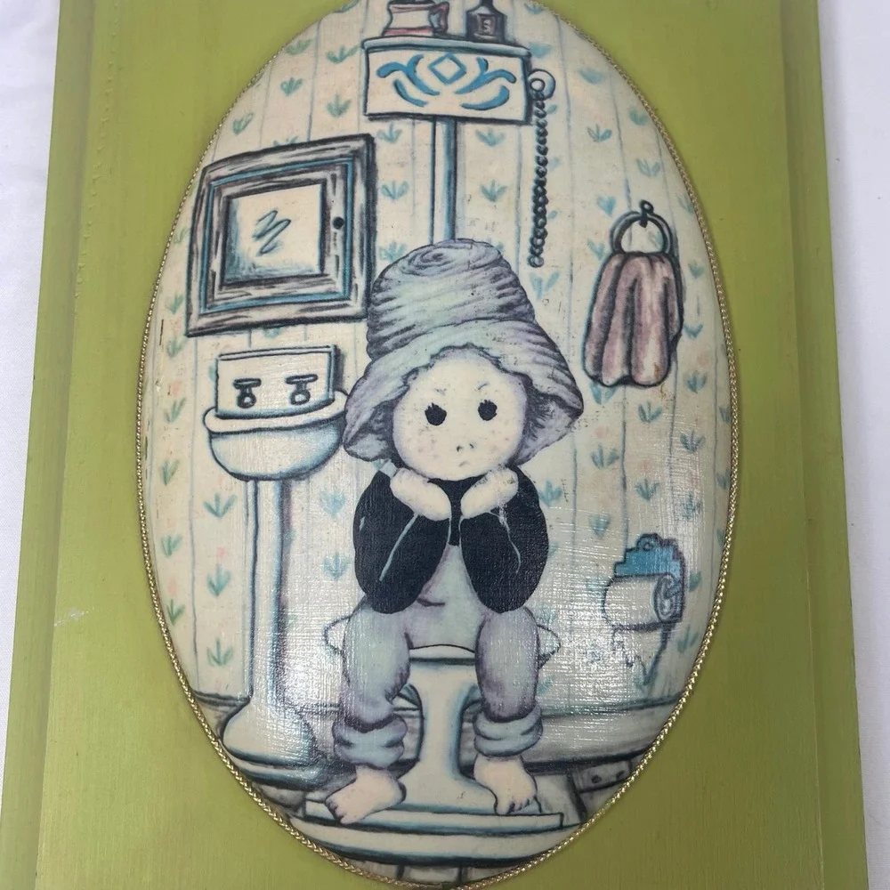 Vintage Handmade Decoupage Wood Bathroom Wall Art Set Convex Chartreuse 8.5x6.25